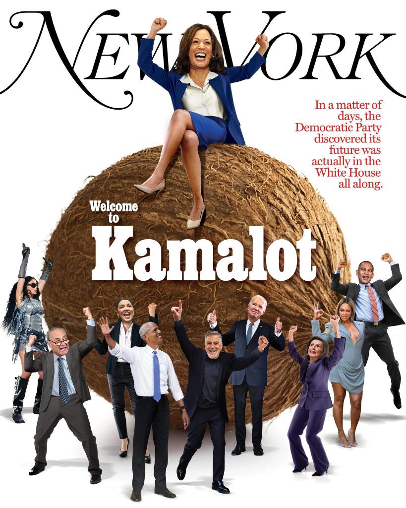 The cover of New York Magazine with Kamala Haris sitting on a coconut. The headline reads, "Welcome to Kamalot."