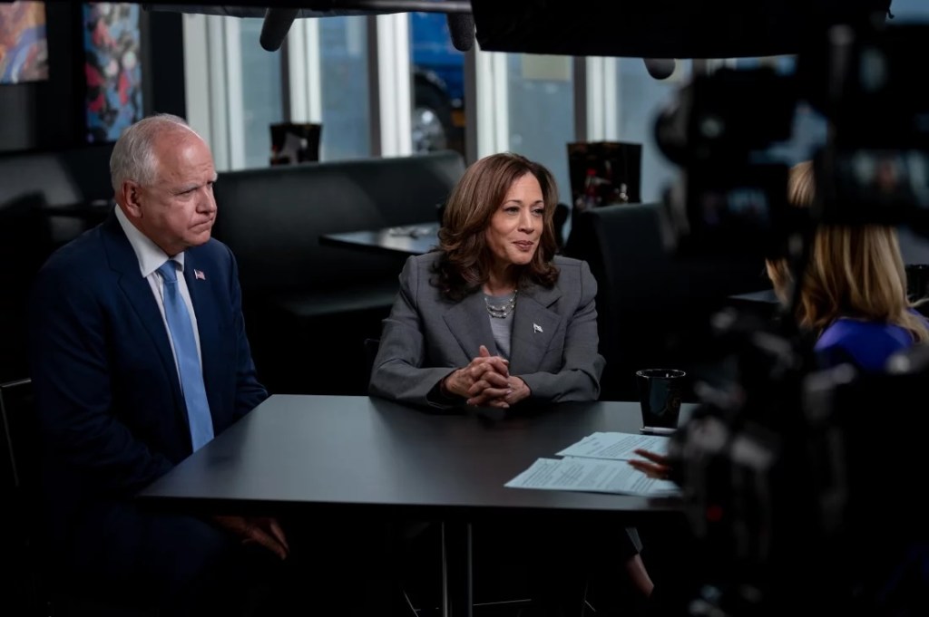 Harris was joined by running mate and Minnesota Gov. Tim Walz during her CNN interview.