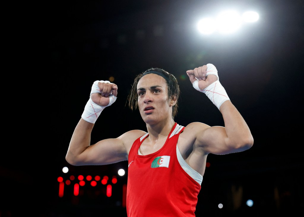 Imane Khelif of Algeria celebrating her win in Women's 66kg Boxing Final at Paris 2024 Olympics