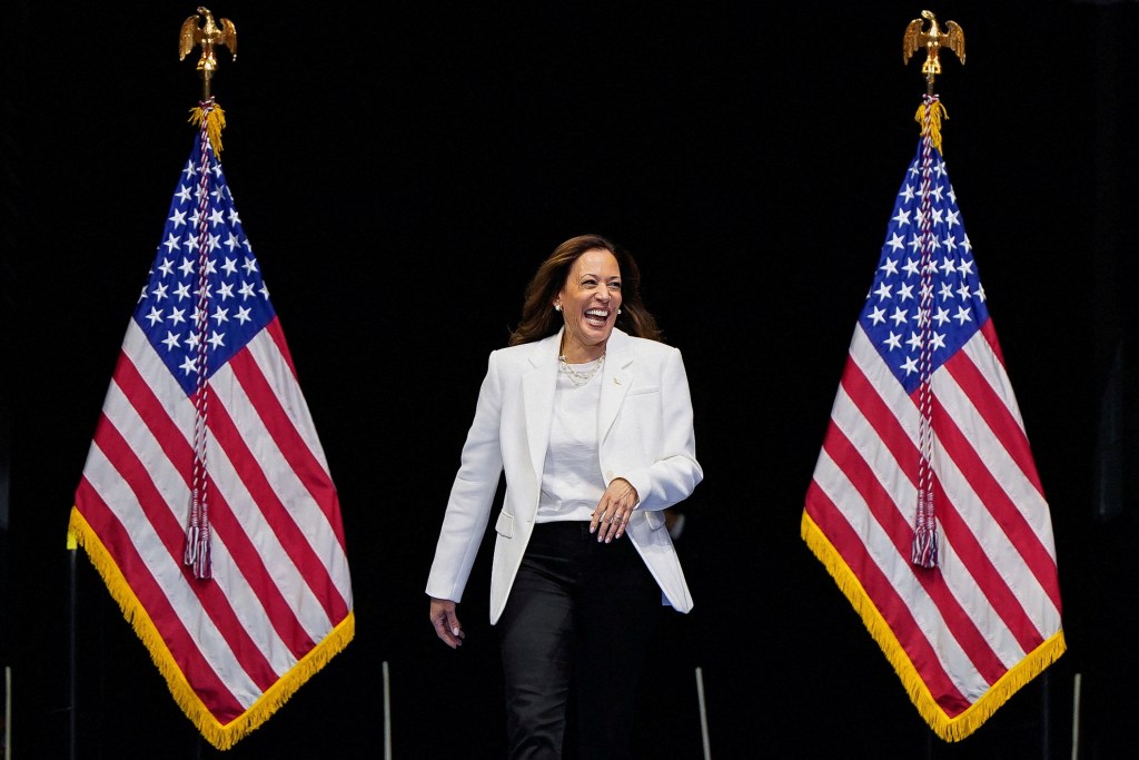 Democratic presidential nominee and U.S. Vice President Kamala Harris reacts as she holds a campaign rally in Savannah, Georgia, U.S., August 29, 2024.