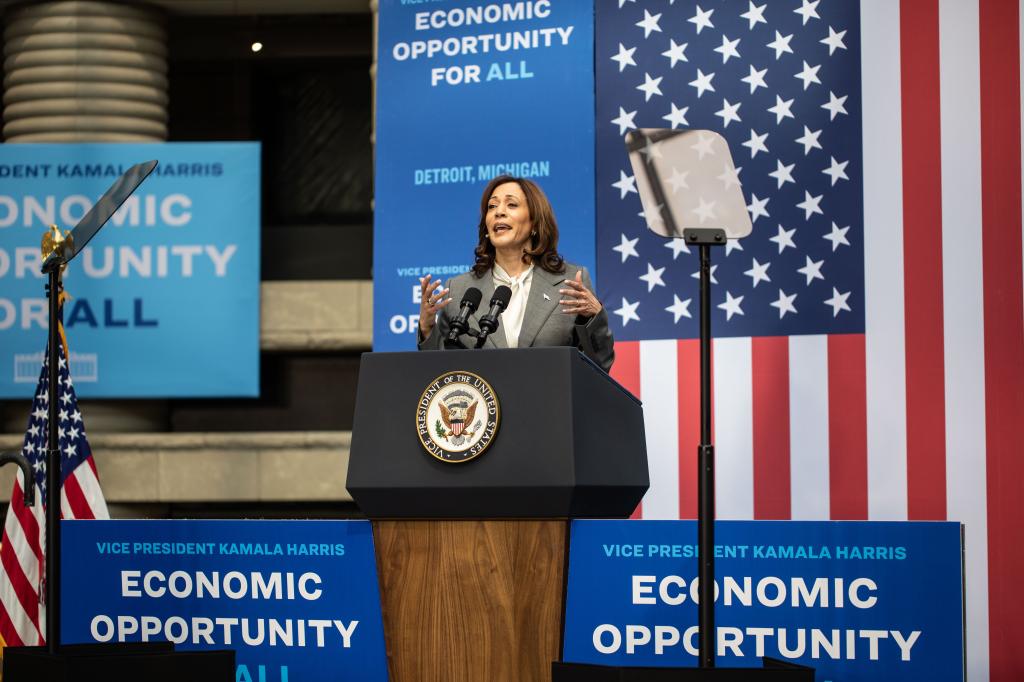 United States Vice President Kamala Harris speaks at the Charles H. Wright African American museum in Detroit on her nationwide Economic Opportunity Tour on Monday, May 6, 2024.