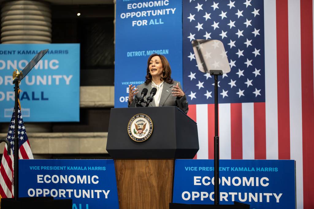 United States Vice President Kamala Harris speaks at the Charles H. Wright African American museum in Detroit on her nationwide Economic Opportunity Tour on Monday, May 6, 2024.