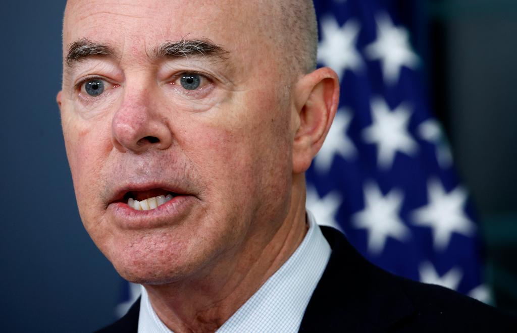 Secretary of Homeland Security Alejandro Mayorkas speaks at the daily press briefing at the White House on July 15, 2024 in Washington, DC