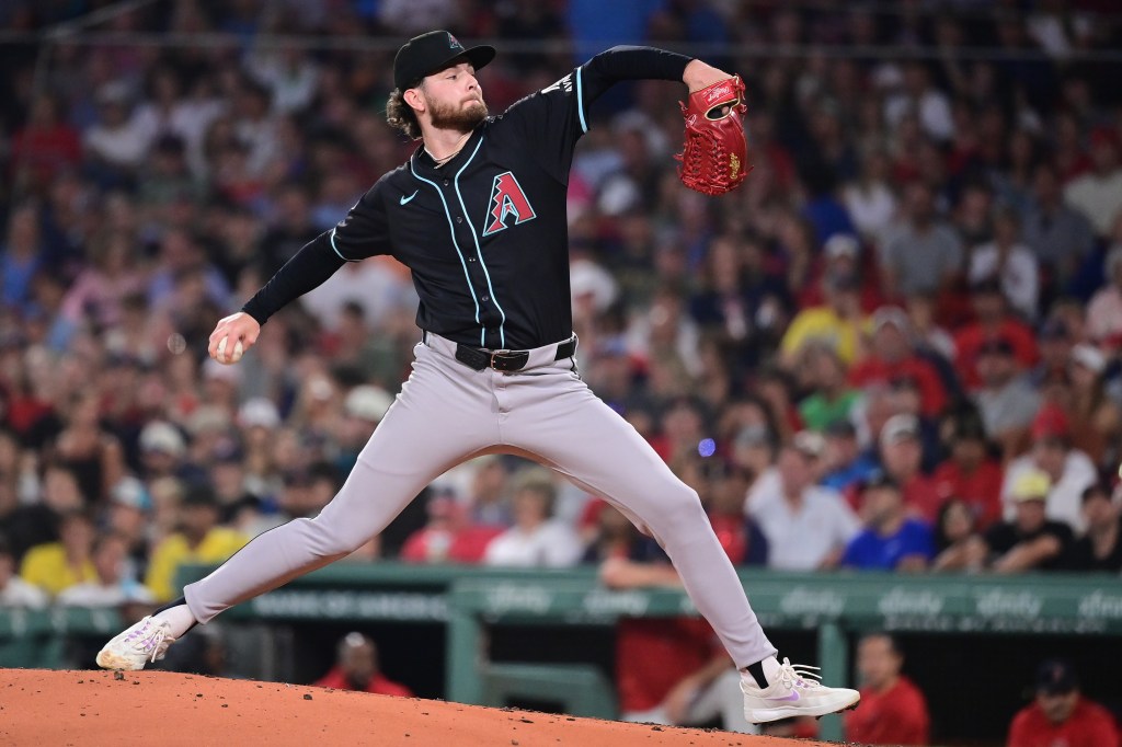 Arizona Diamondbacks starting pitcher Ryne Nelson (19) pitches against the Boston Red Sox during the third inning at Fenway Park.