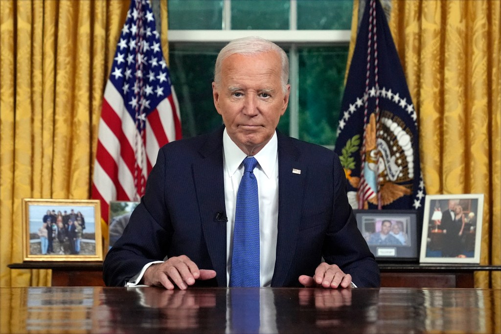 resident Joe Biden pauses as he concludes his address to the nation about his decision to not seek reelection, in the Oval Office at the White House in Washington, DC, on July 24, 2024.