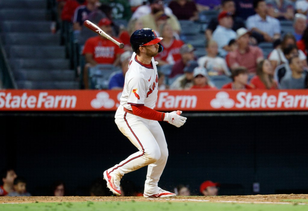 Taylor Ward #3 of the Los Angeles Angels hits a one run base hit to score Nolan Schanuel #18 during the fourth inning against starting pitcher Cal Quantrill #47 of the Colorado Rockies at Angel Stadium of Anaheim on July 30, 2024 in Anaheim, California.