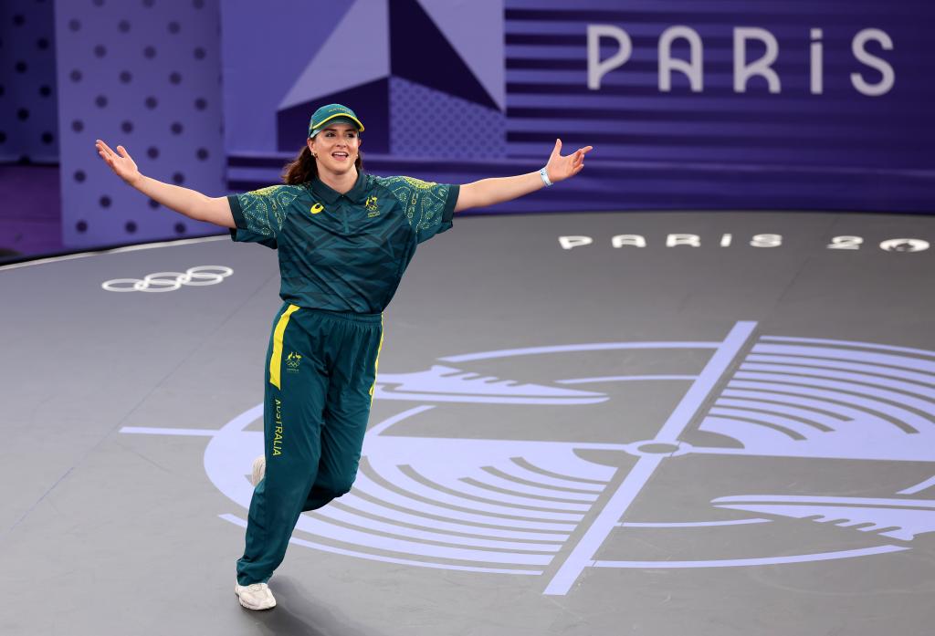 Raygun of Team Australia reacts during the B-Girls Round Robin - Group B on day fourteen of the Olympic Games Paris 2024 at Place de la Concorde on August 09, 2024