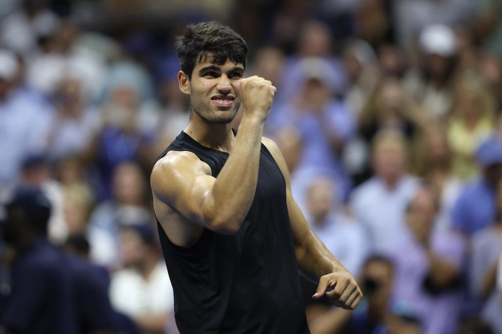 Carlos Alcaraz of Spain celebrates after defeating Li Tu of Australia in their Men's Singles First Round match on Day Two of the 2024 US Open at the USTA Billie Jean King National Tennis Center on August 27, 2024