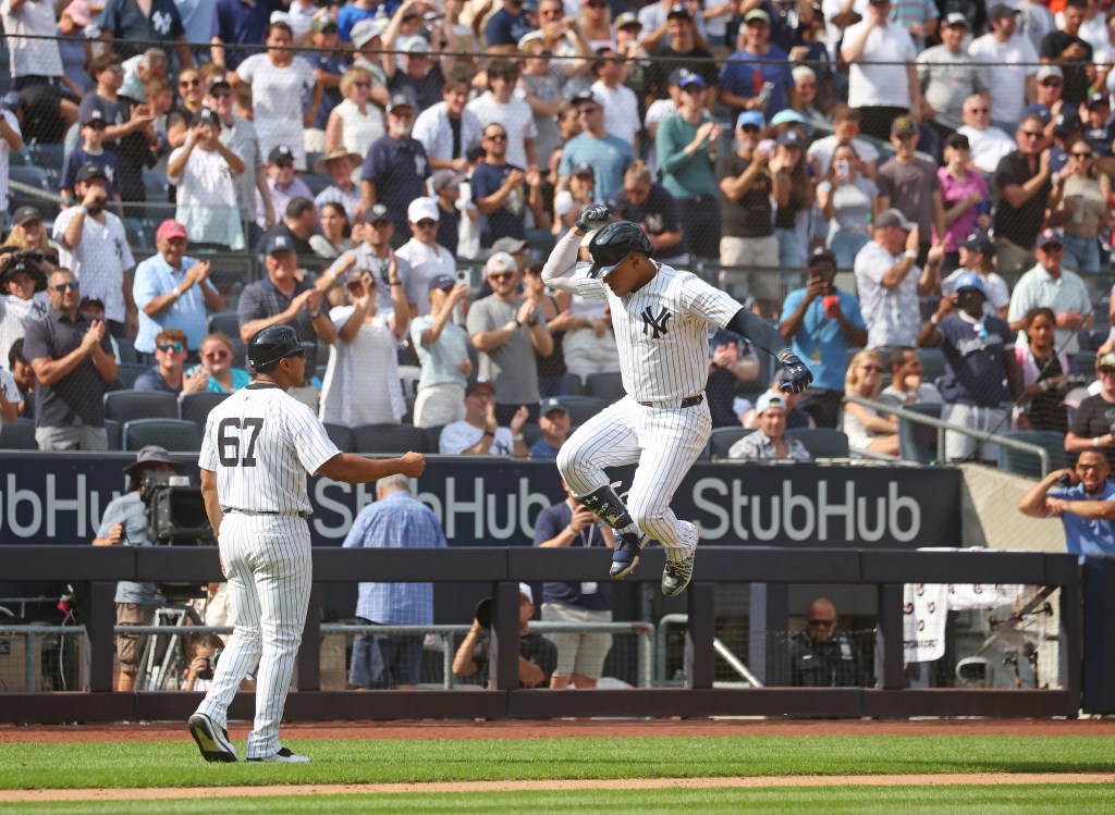 Juan Soto #22 of the New York Yankees celebrates as he rounds the bases on his solo home run during the 7th inning when the New York Yankees played the Colorado Rockies Sunday, August 25, 2024 at Yankee Stadium in the Bronx, NY.