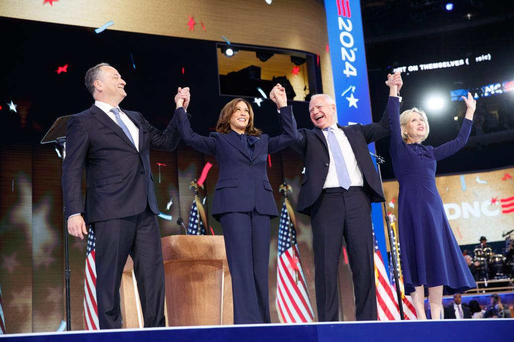 VP Kamala Harris, joined by her husband Doug Emhoff, Governor Tim Walz and his wife Gwen, accepting her party's nomination on the 4th night of the DNC Convention in Chicago.