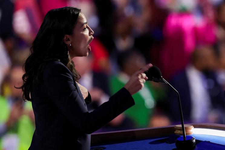 Rep. Alexandria Ocasio-Cortez, D-N.Y.,speaks during the Democratic National Convention at the United Center in Chicago, Illinois, US., Monday, Aug. 19, 2024.