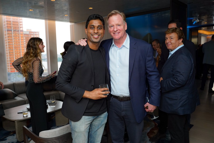 Ankur Jain and Roger Goodell posing for a picture at the Bilt Rewards Launch Party at Equinox Hotel New York, Hudson Yards, June 22, 2021