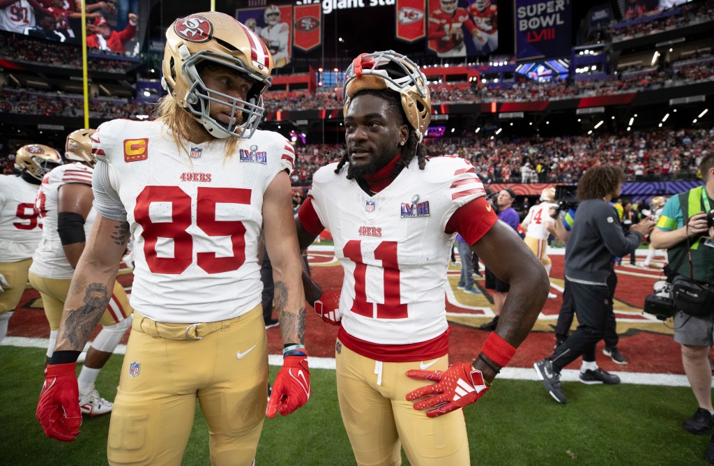 George Kittle #85 and Brandon Aiyuk #11 of the San Francisco 49ers before Super Bowl LVIII against the Kansas City Chiefs at Allegiant Stadium on February 11, 2024 in Las Vegas, Nevada.