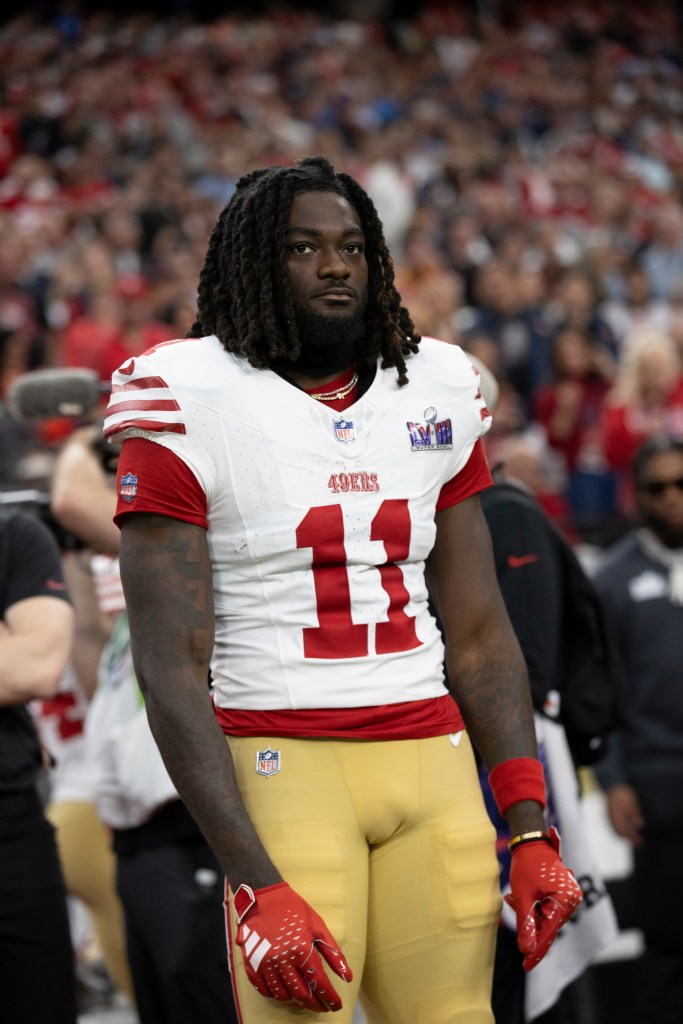 Brandon Aiyuk #11 of the San Francisco 49ers on the sideline before Super Bowl LVIII against the Kansas City Chiefs at Allegiant Stadium on February 11, 2024 in Las Vegas, Nevada. 