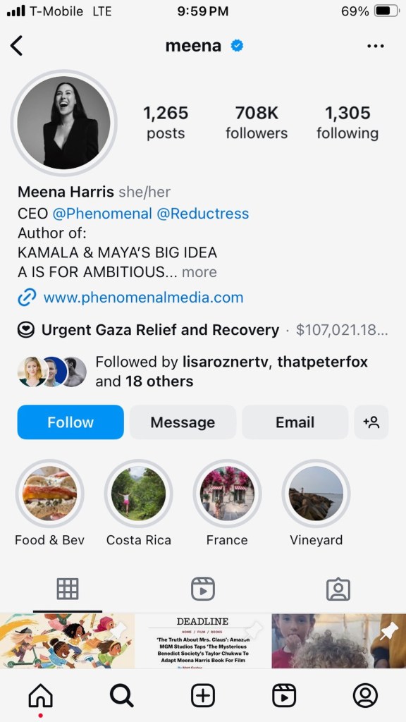 Meena Harris's Instagram page that features a link for Urgent Gaza Relief and Recovery.