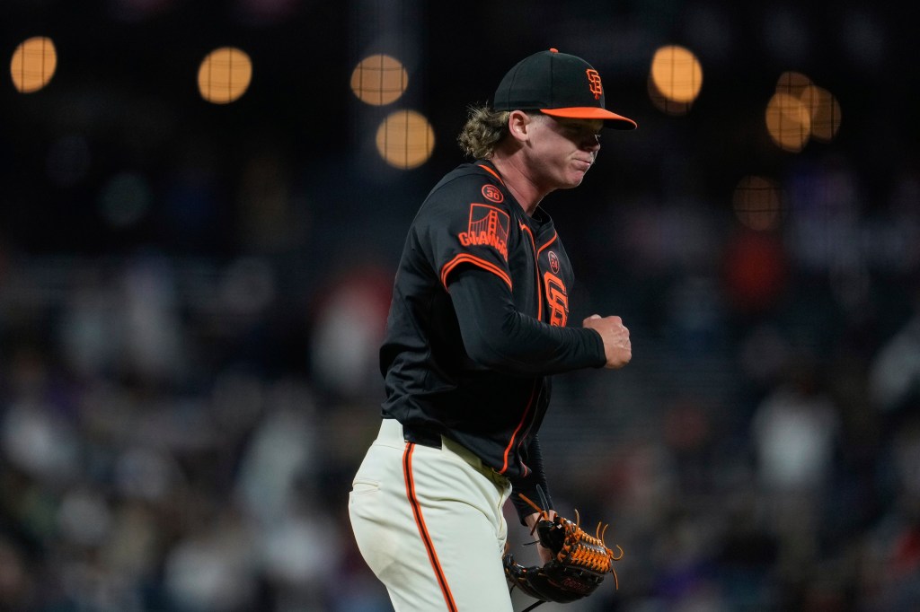 San Francisco Giants pitcher Hayden Birdsong reacts after striking out Colorado Rockies' Charlie Blackmon during the fifth inning of the second game of a baseball doubleheader Saturday, July 27, 2024, in San Francisco.