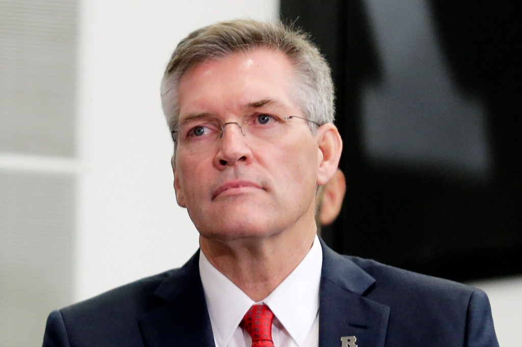 Rutgers athletic director Pat Hobbs is seen during a news conference in Piscataway, N.J., Dec. 4, 2019. 