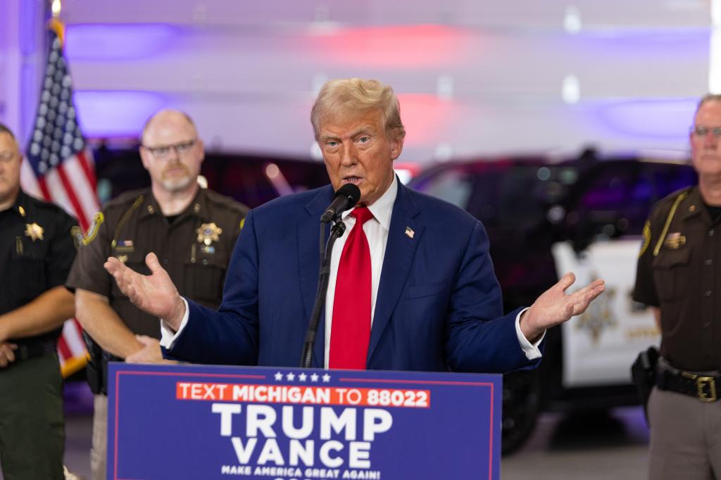 Former president Donald Trump speaks during a campaign stop Tuesday, Aug. 20, at the Livingston County Sheriff's Office in Howell.