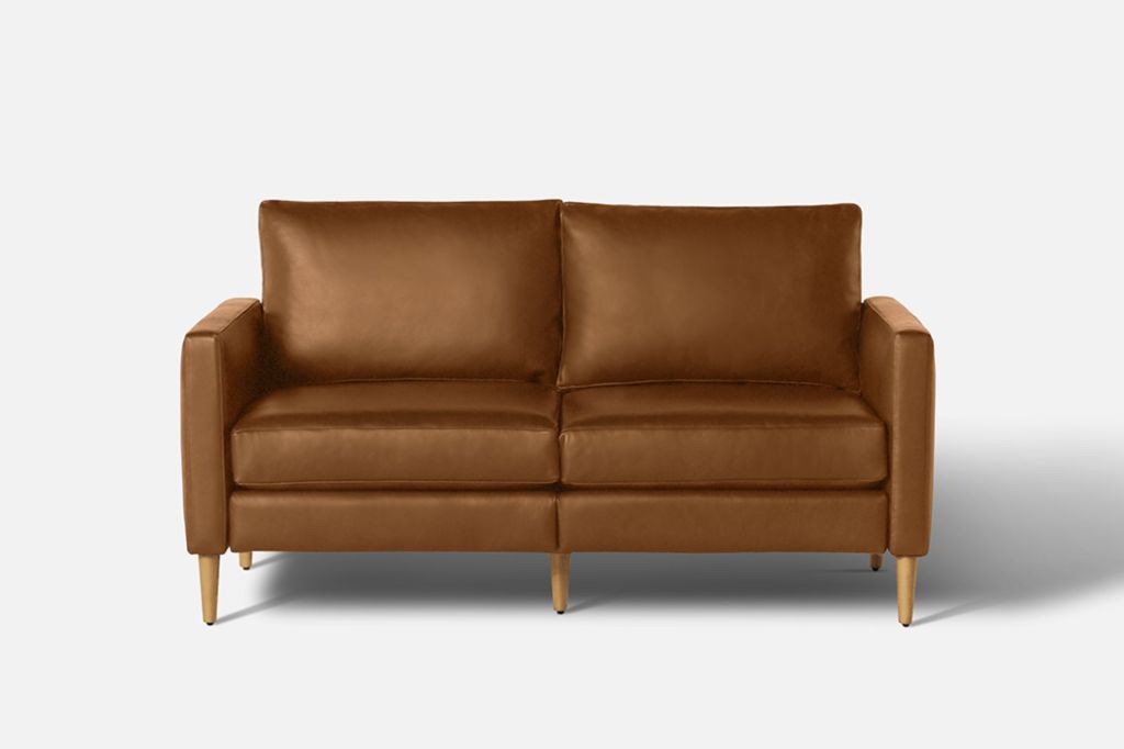 A brown leather, pet-friendly loveseat against a white backdrop.