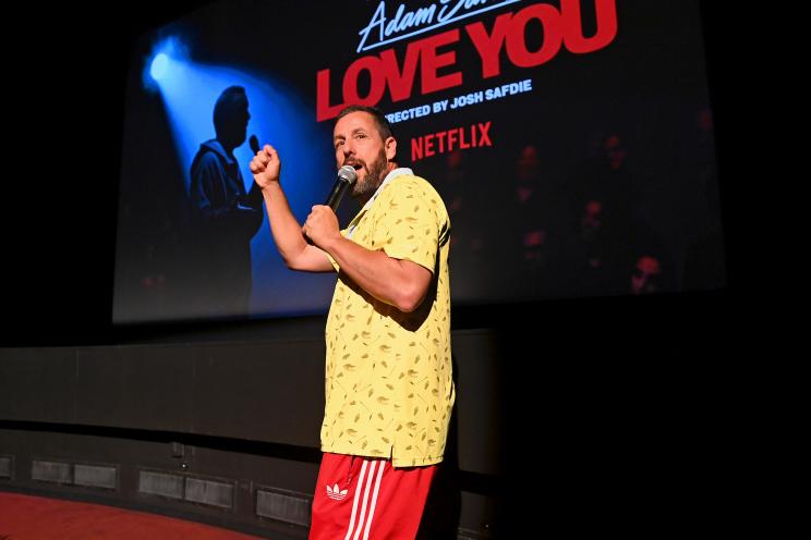 Adam Sandler speaks during the Adam Sandler: Love You Netflix NY Special Screening at The Paris Theatre on August 20, 2024.