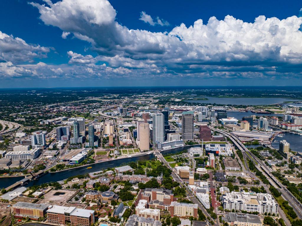 Aerial drone view of the expansive Tampa Bay Skyline, Florida, reflecting a notable increase in real estate prices