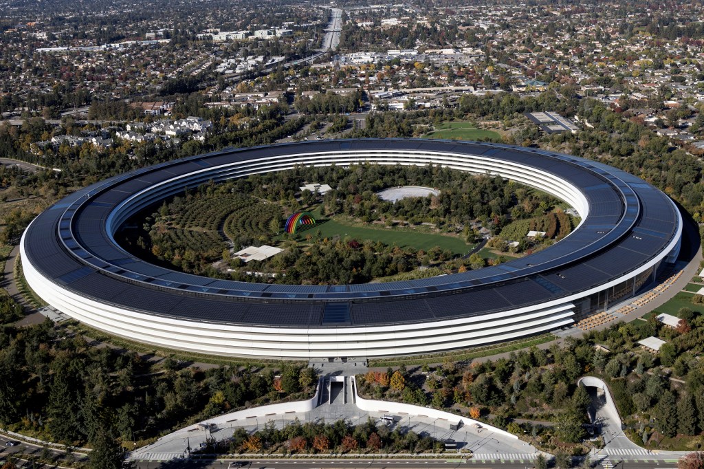 The image above shows an aerial view of Apple headquarters in Cupertino, Calif.