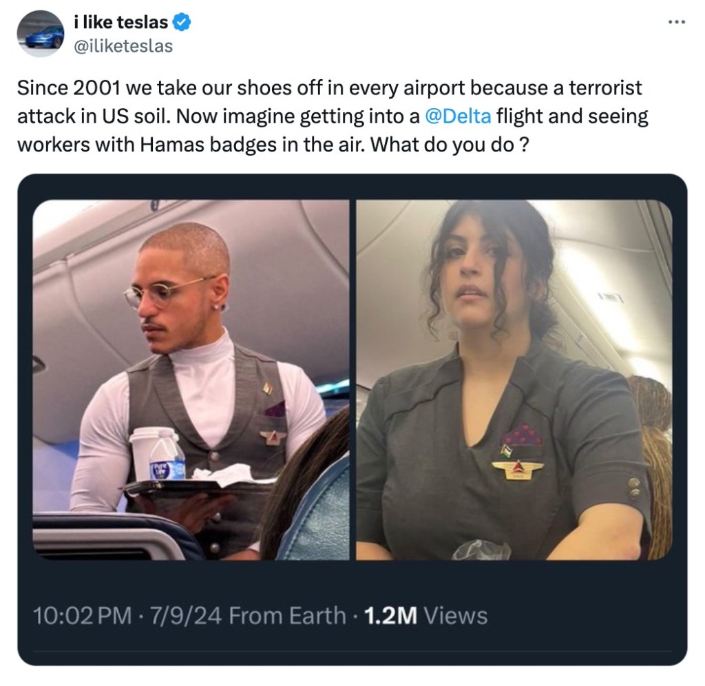 A tweet accusing Delta flight attendants of wearing "Hamas badges."