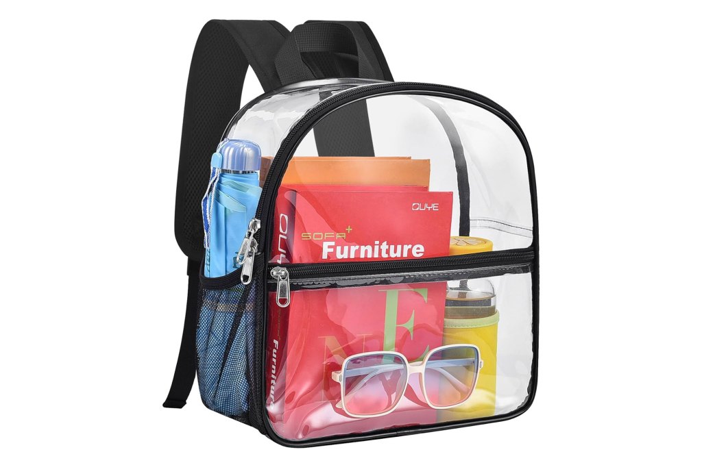 A clear backpack with various items inside