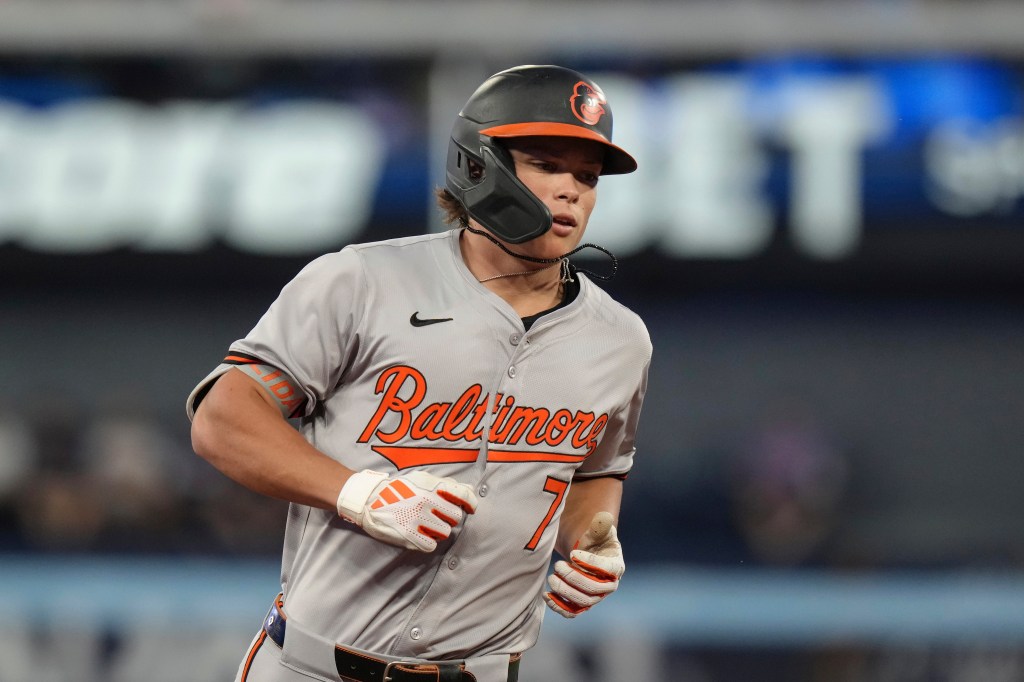 Baltimore Orioles Jackson Holliday rounds the bases after hitting a solo home run against the Toronto Blue Jays during sixth inning MLB baseball action in Toronto on Tuesday, August 6, 2024. 