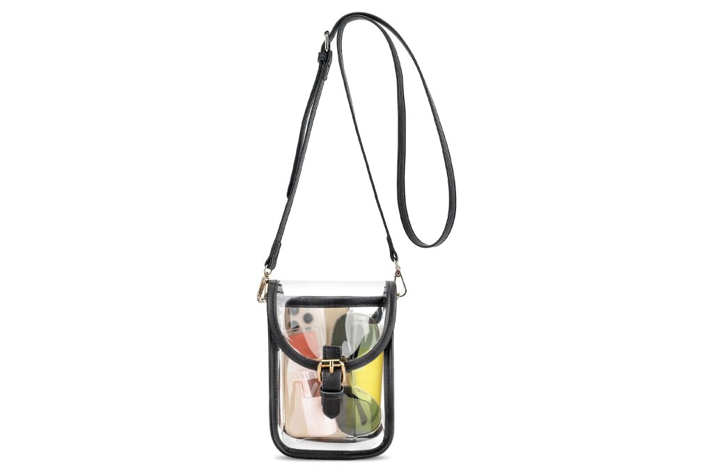 A clear purse with a black strap