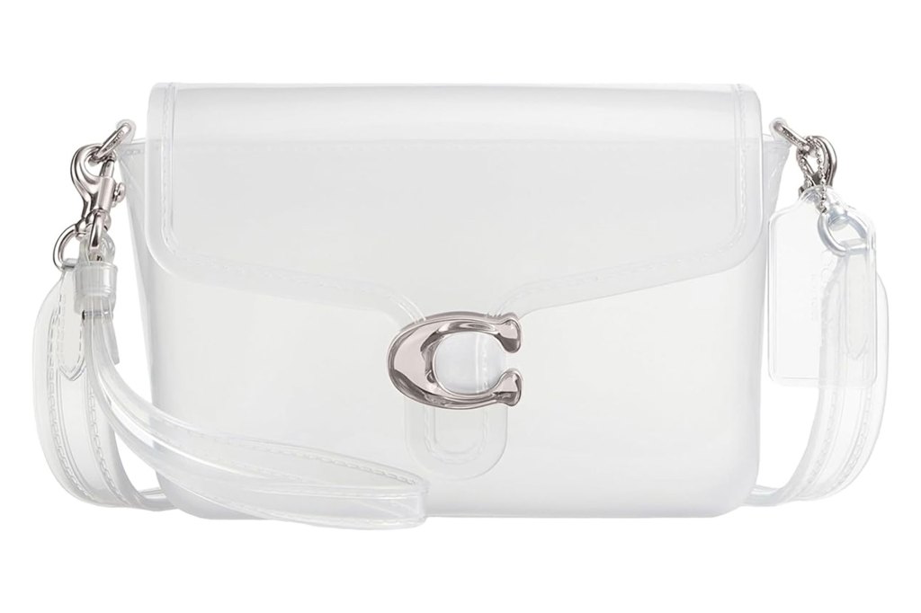 A white purse with a silver buckle