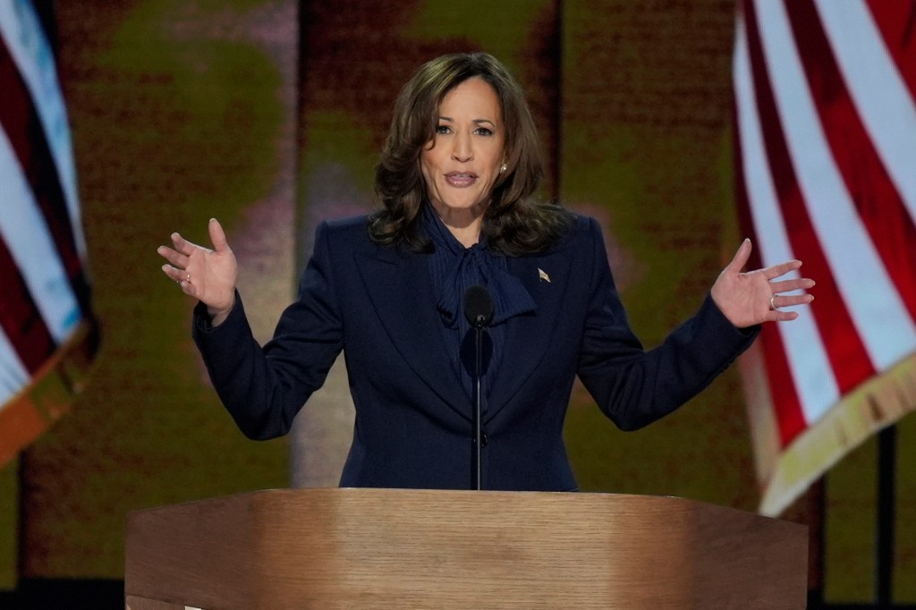 Democratic presidential nominee Vice President Kamala Harris speaks during the Democratic National Convention Thursday, Aug. 22, 2024