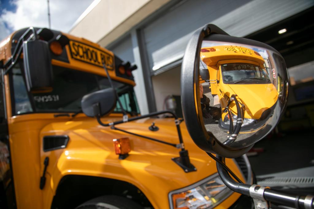 Electric school bus in the Bronx, New York City after a press conference announcing federal grants for electrification, dated March 18, 2024