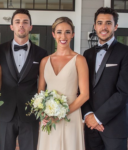 Matthew Gaudreau, Katie Gaudreau, and Johnny Gaudreau posing together at Matthew's wedding