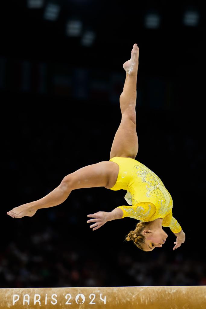 Flavia Saraiva of Brazil competes at the balance beam in women's artistic gymnastics all-around final during day 6 of the Paris 2024 Olympic Games on August 1, 2024 in Paris. 