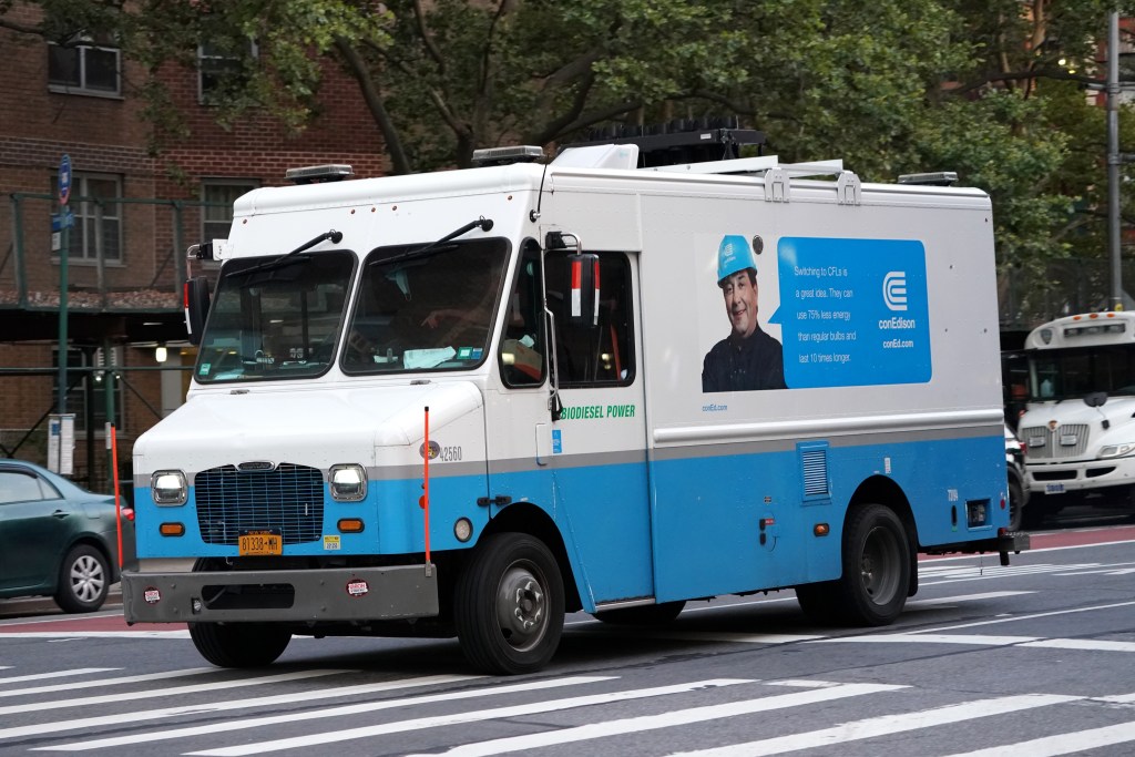 A white and blue Con Edison truck parked on a street in New York on July 25, 2020