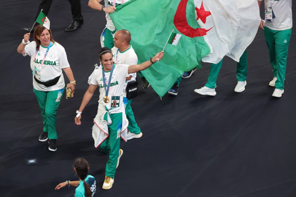 Gold Medalist Imane Khelif of Team Algeria acknowledges the fans during the Closing Ceremony of the Olympic Games Paris 2024