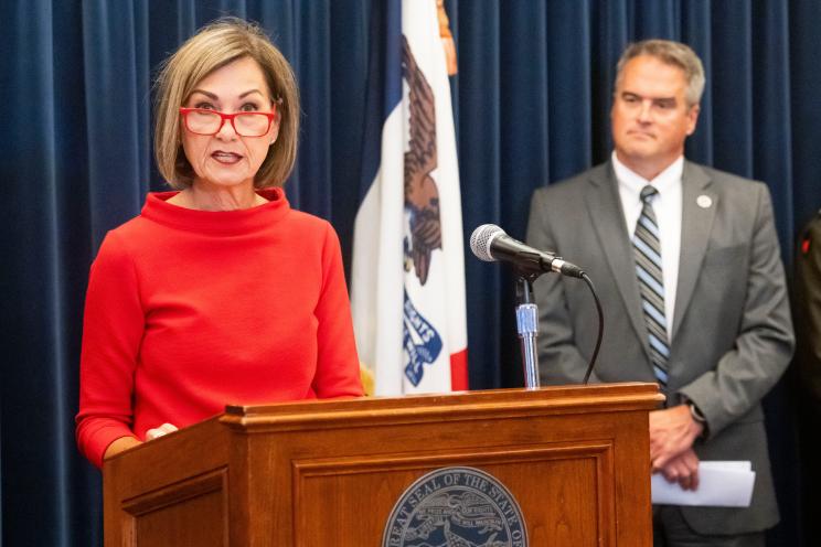 Gov. Kim Reynolds speaks during a press conference.