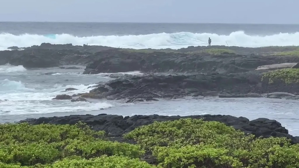 Person observing rough surf and large waves in Hawaii due to Hurricane Hone from a rocky shore