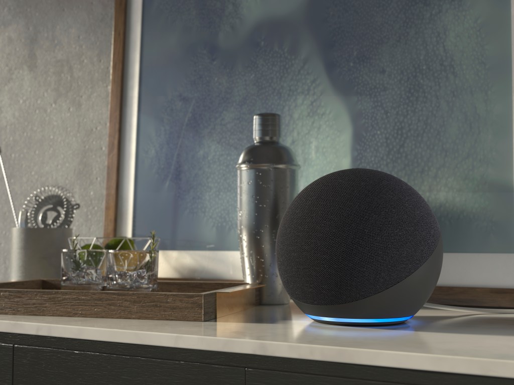 Amazon Echo device on a counter.