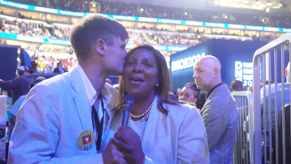 Jerry Nadler making a promise about implementing new taxes, while kissing Letitia James on the cheek