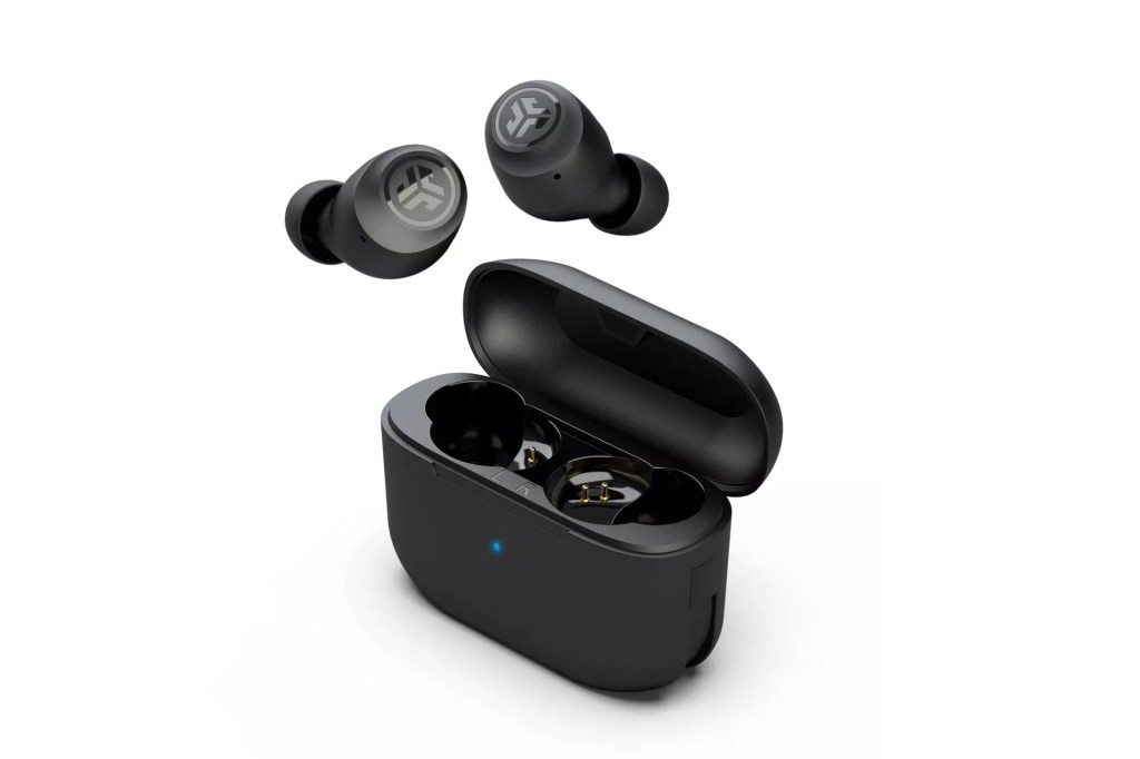 Black wireless earbuds in a case