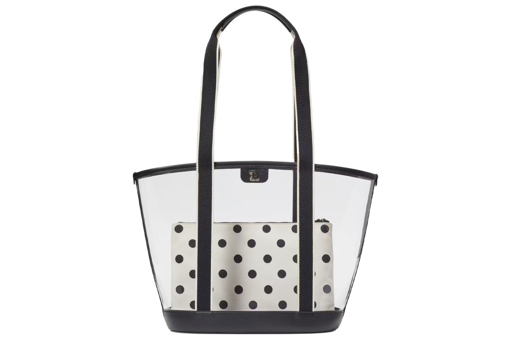 A clear plastic bag with black polka dots inside