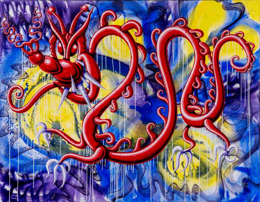 A red dragon with sharp spikes on a blue and yellow background, oil and acrylic painting by Kenny Scharf titled DRAGONÃ BeBONGO, 2024