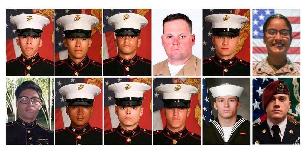 This combination of photos released by the 1st Marine Division, Camp Pendleton/U.S. Department of Defense shows twelve service members killed in the Kabul airport bombing in Afghanistan on Aug. 26, 2021.