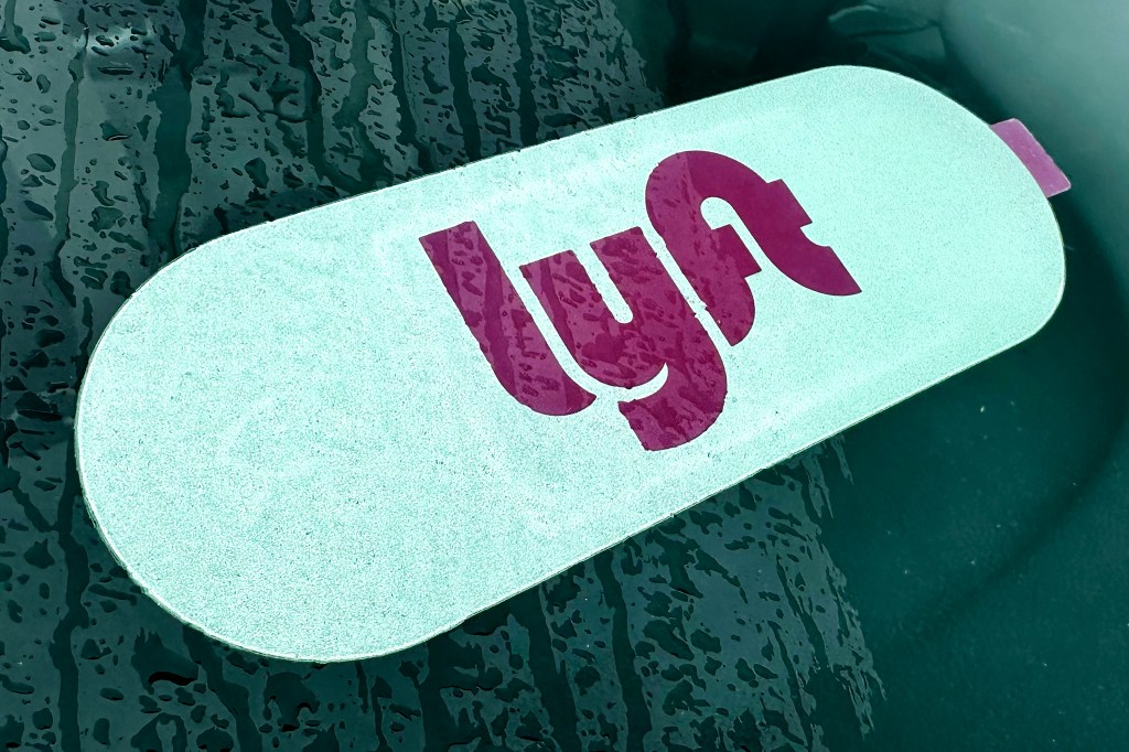 Lyft sign displayed inside a car in Vernon Hills, Illinois on April 2, 2024.