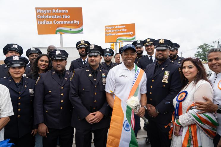 Mayor Eric Adams delivers remarks at the 9th Annual Queens India Day Parade in Floral Park, New York on Saturday.