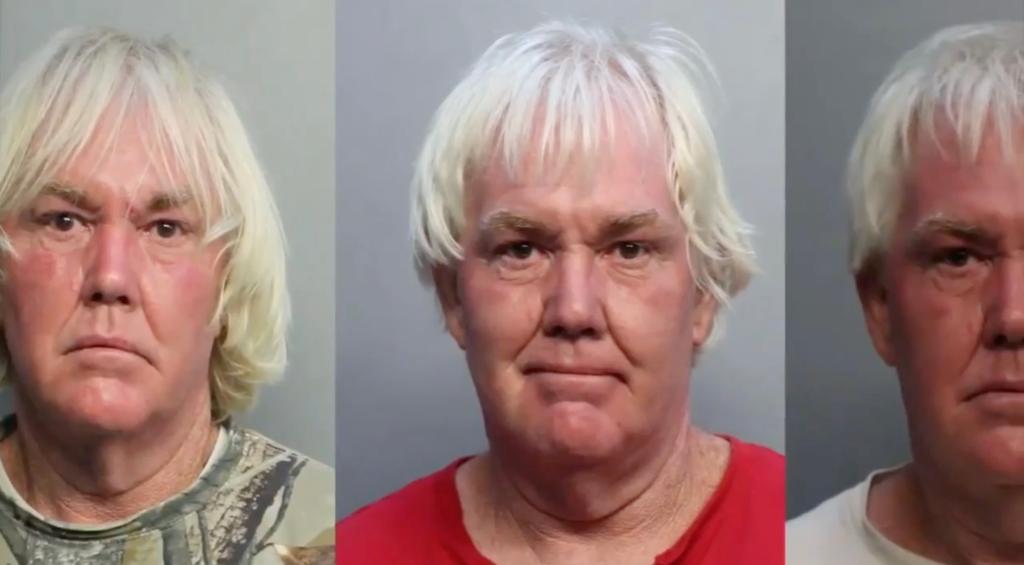 Three mug shots of Kevin Hurley, a man with white hair.