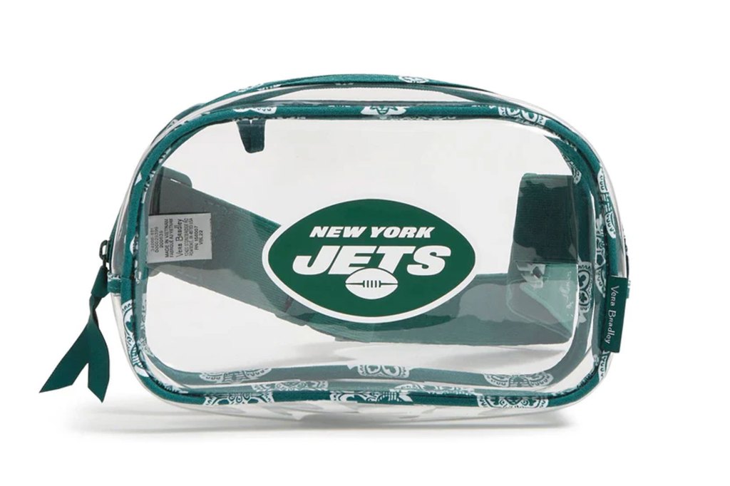 A clear bag with New York Jets logo on it