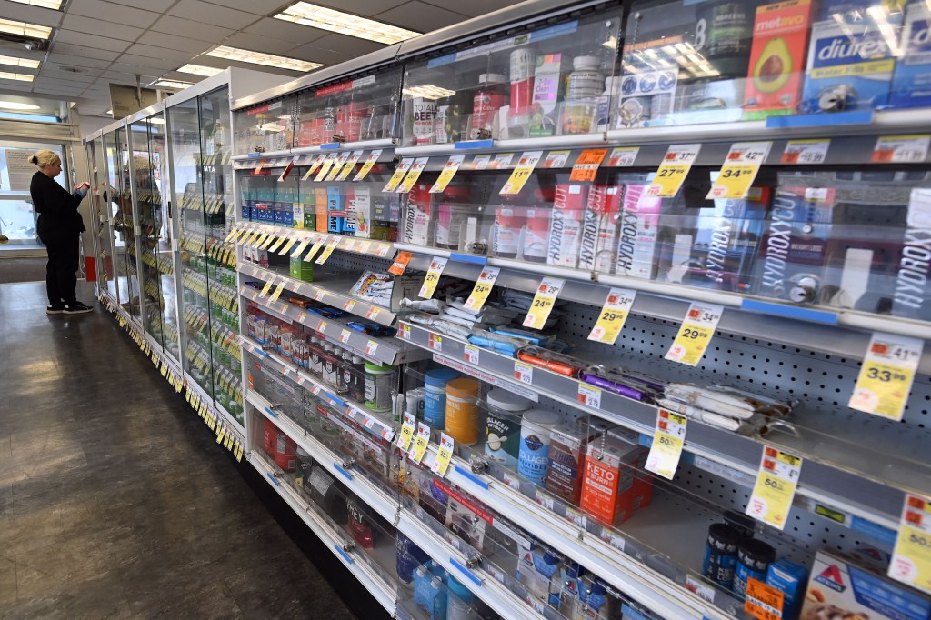 Locked merchandise at Duane Reade drugstore in New York City due to rampant theft.